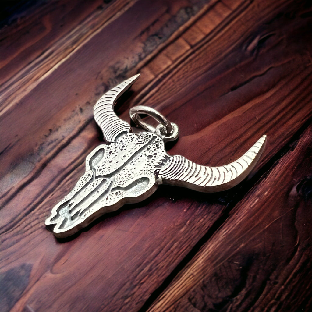Sterling Silver Cow Skull Flat Charm/Pendant — Etched Western Statement with Oxidized Depth - Rooted & Reckless Co.
