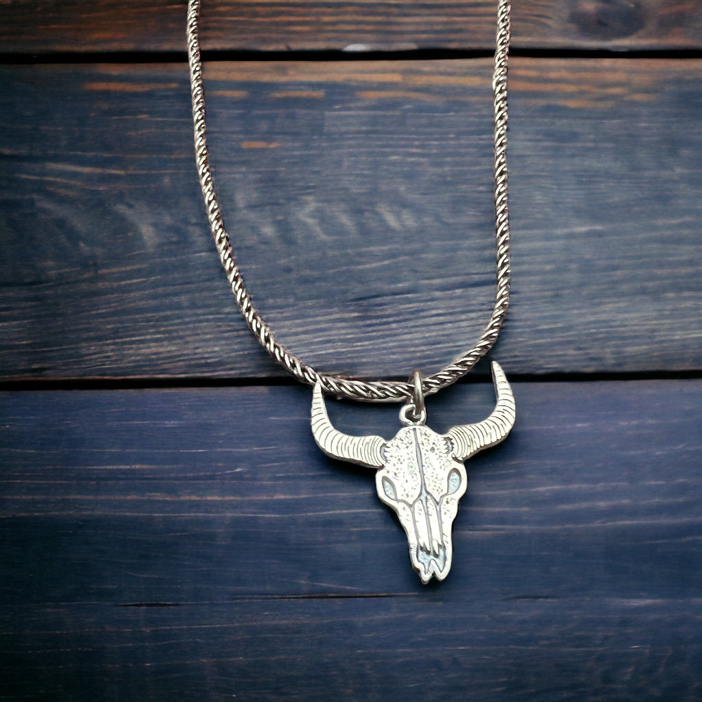 Sterling Silver Cow Skull Flat Charm/Pendant — Etched Western Statement with Oxidized Depth - Rooted & Reckless Co.