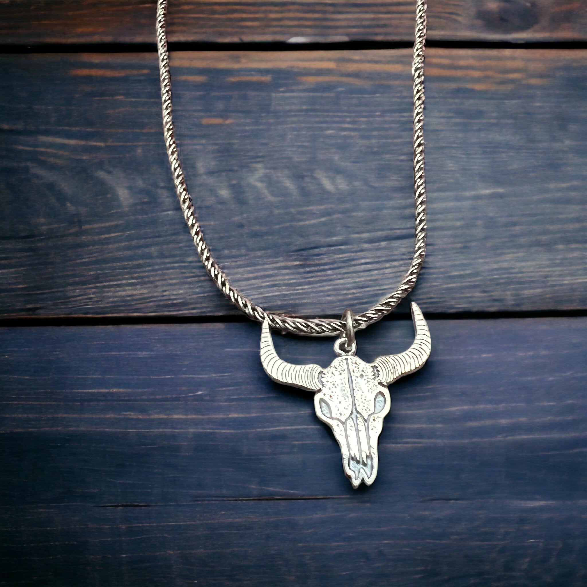 Sterling Silver Cow Skull Flat Charm/Pendant — Etched Western Statement with Oxidized Depth - Rooted & Reckless Co.