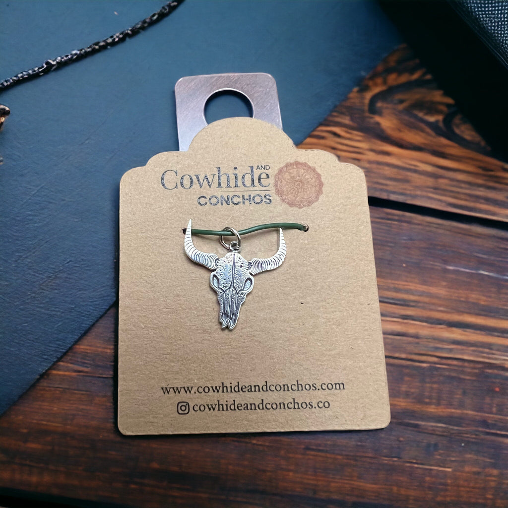 Sterling Silver Cow Skull Flat Charm/Pendant — Etched Western Statement with Oxidized Depth - Rooted & Reckless Co.