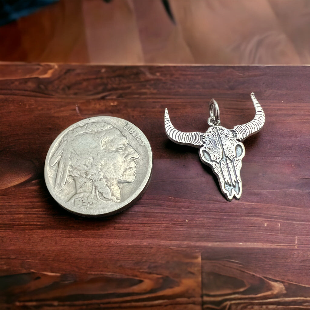 Sterling Silver Cow Skull Flat Charm/Pendant — Etched Western Statement with Oxidized Depth - Rooted & Reckless Co.