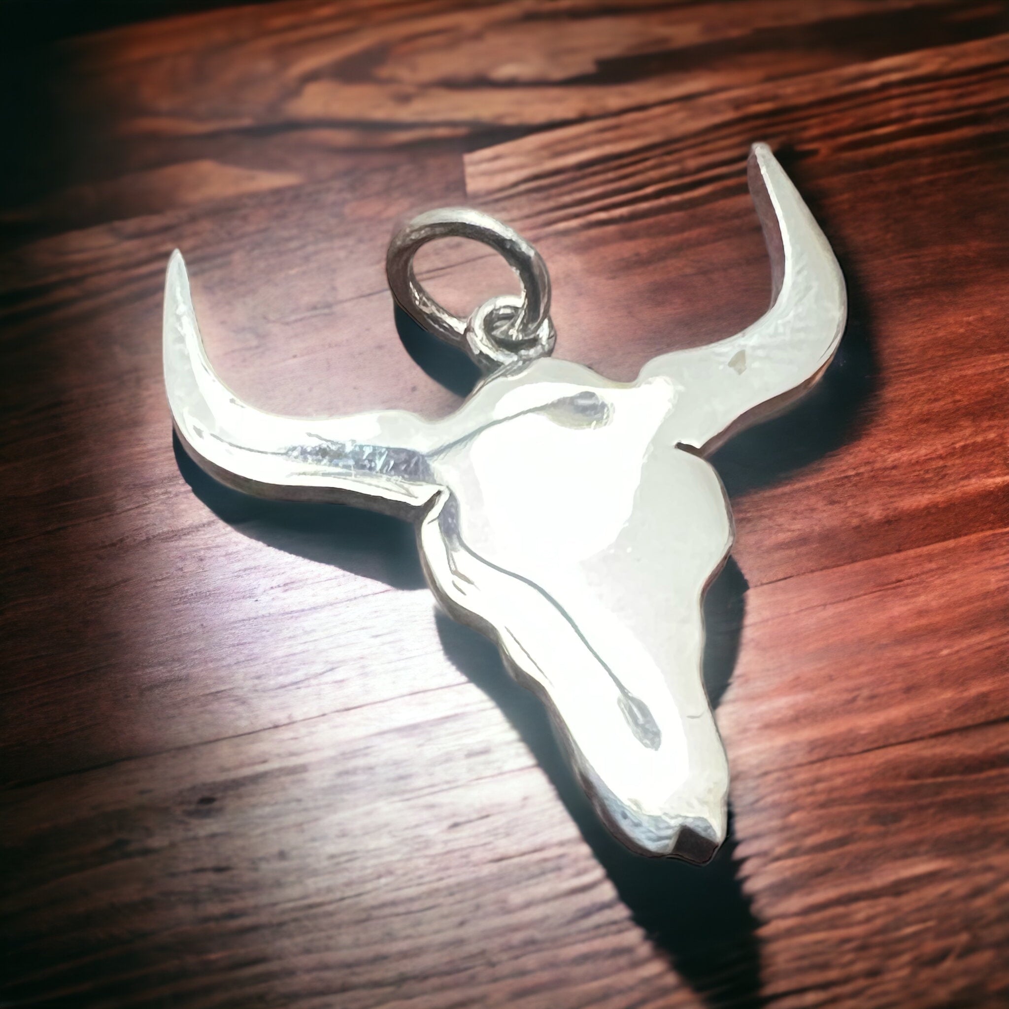 Sterling Silver Cow Skull Flat Charm/Pendant — Etched Western Statement with Oxidized Depth - Rooted & Reckless Co.