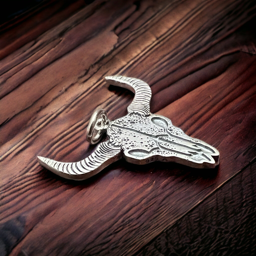 Sterling Silver Cow Skull Flat Charm/Pendant — Etched Western Statement with Oxidized Depth - Rooted & Reckless Co.