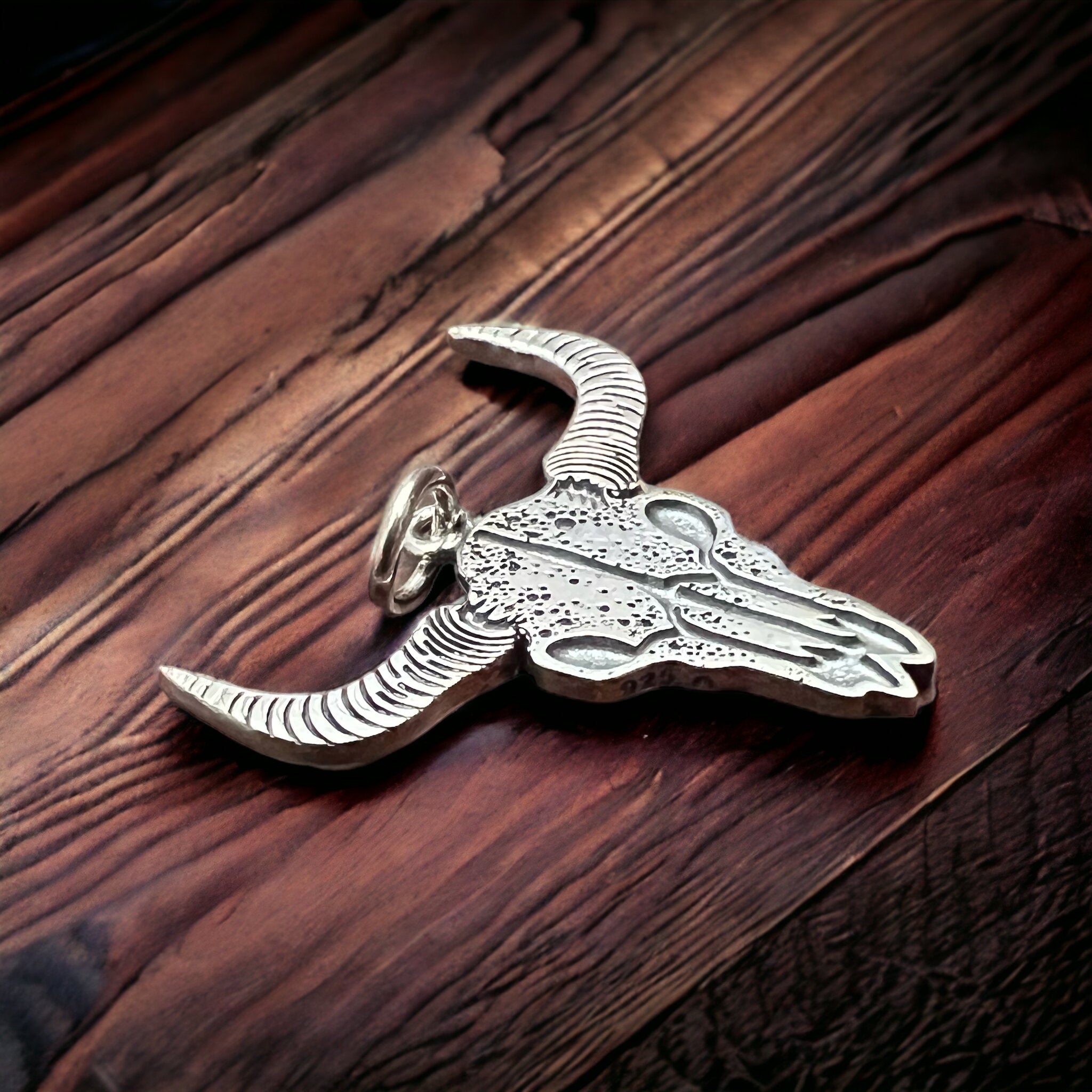 Sterling Silver Cow Skull Flat Charm/Pendant — Etched Western Statement with Oxidized Depth - Rooted & Reckless Co.