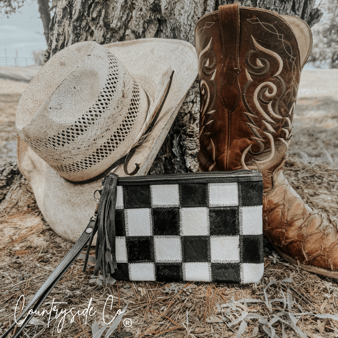 Stockyard Checkered Cowhide Wristlet Pouch - Rooted & Reckless Co.