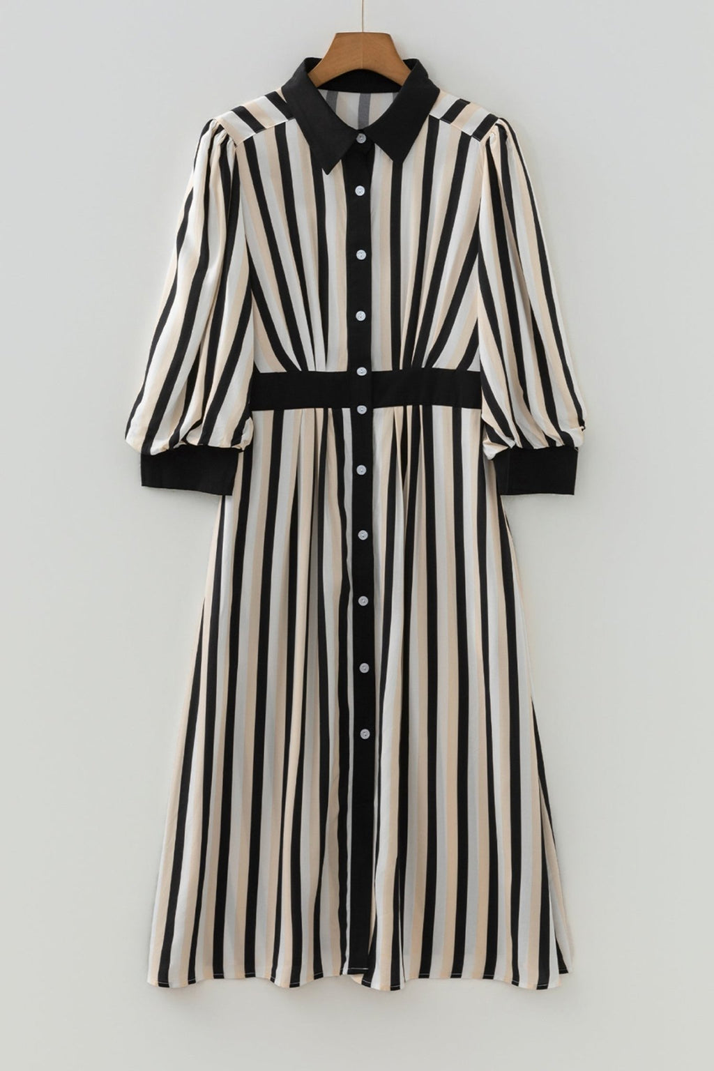 Stripe 3/4 Puff Sleeve Button Midi Dress - Rooted & Reckless Co.