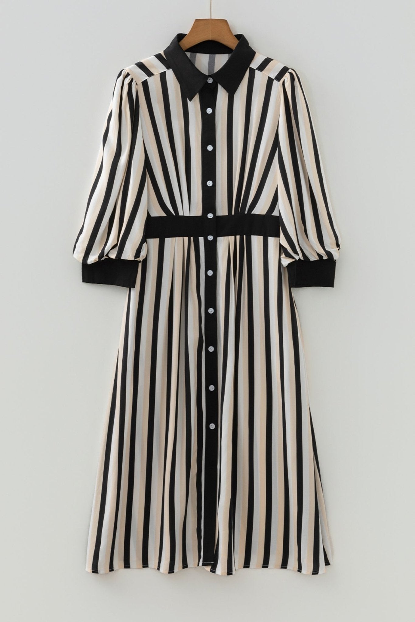 Stripe 3/4 Puff Sleeve Button Midi Dress - Rooted & Reckless Co.