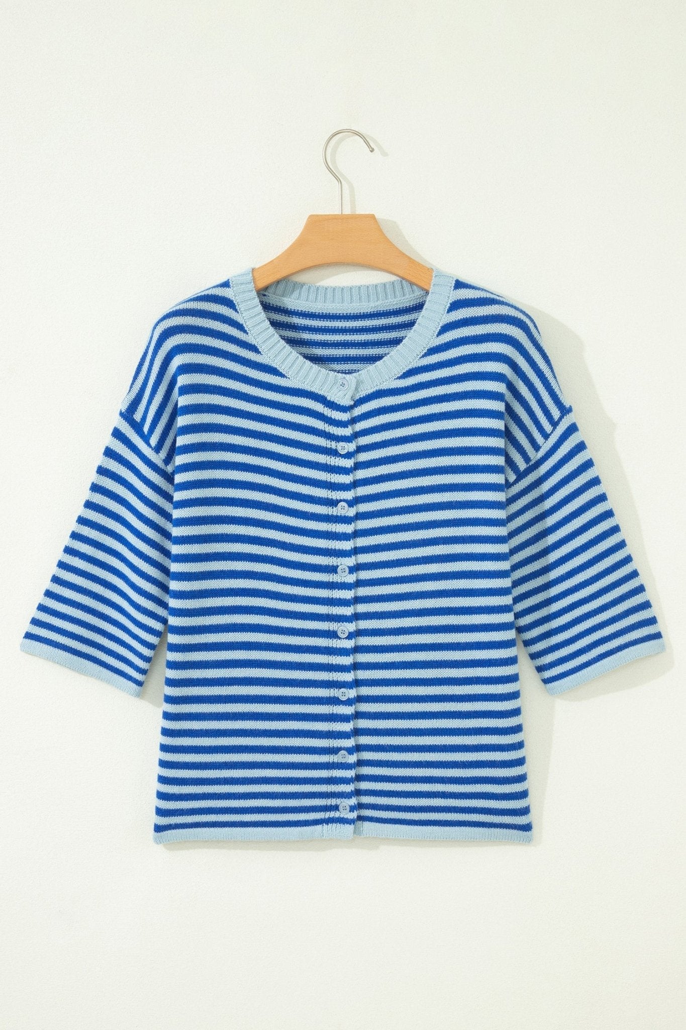 Stripe 3/4 Sleeve Button Down Knit Cardigan - Rooted & Reckless Co.