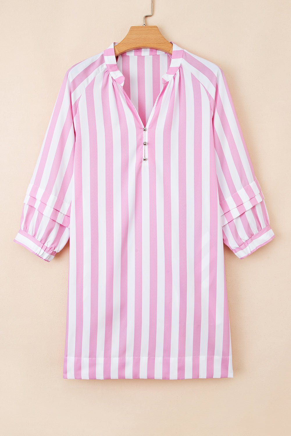 Stripe 3/4 Sleeve Buttoned V-Neck Mini Dress - Rooted & Reckless Co.