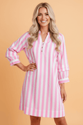 Stripe 3/4 Sleeve Buttoned V-Neck Mini Dress - Rooted & Reckless Co.