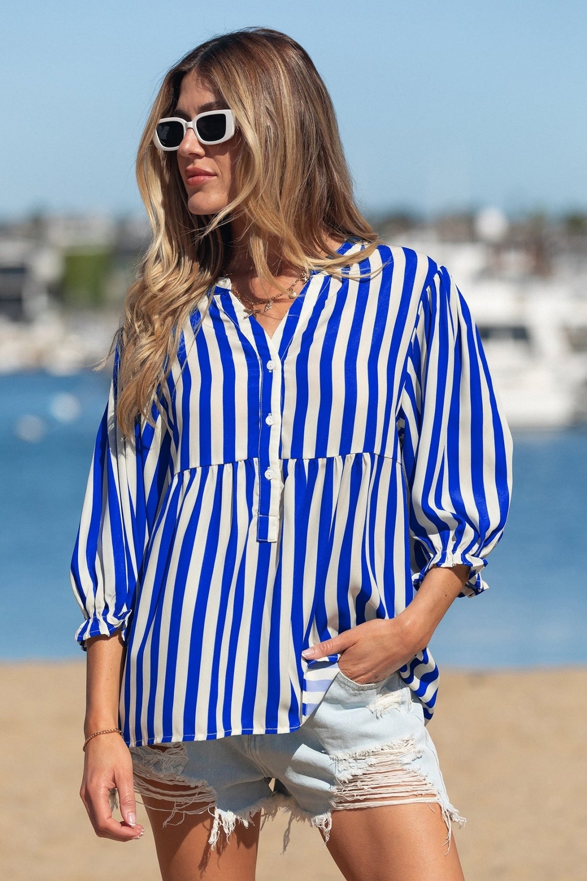 Stripe Balloon Sleeve Button-Up Shirt - Rooted & Reckless Co.