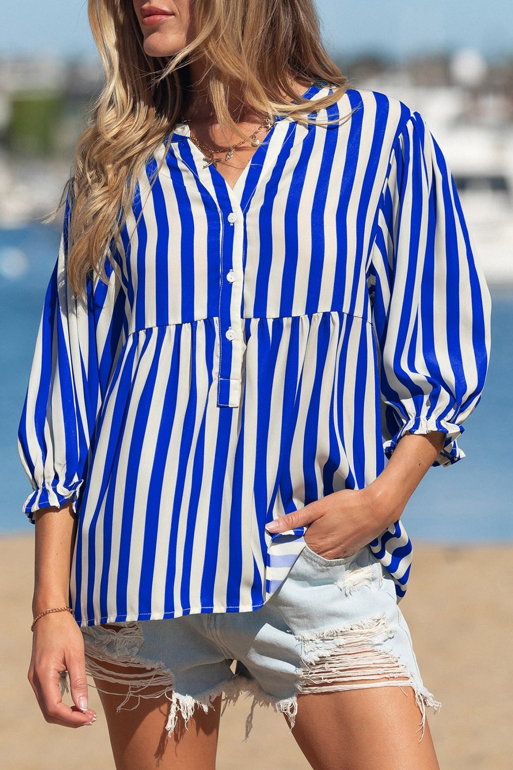 Stripe Balloon Sleeve Button-Up Shirt - Rooted & Reckless Co.