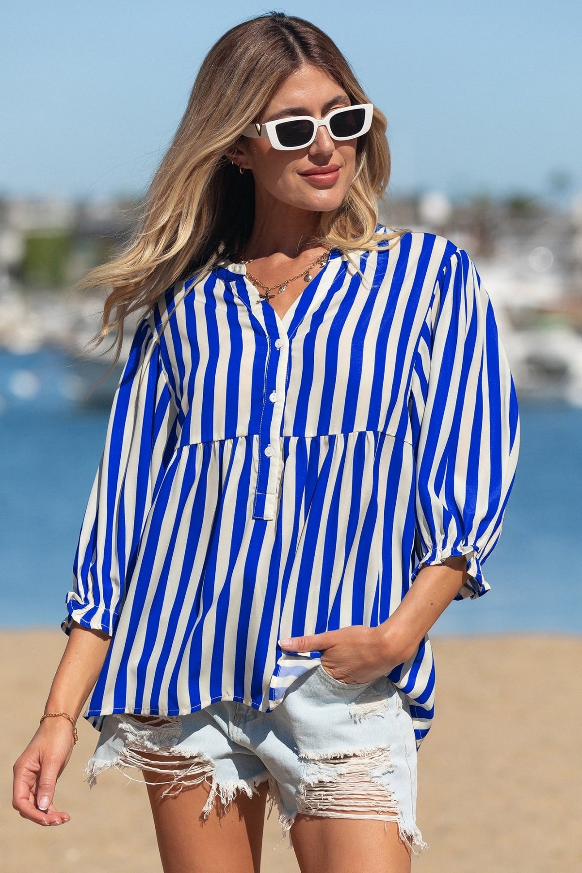 Stripe Balloon Sleeve Button-Up Shirt - Rooted & Reckless Co.