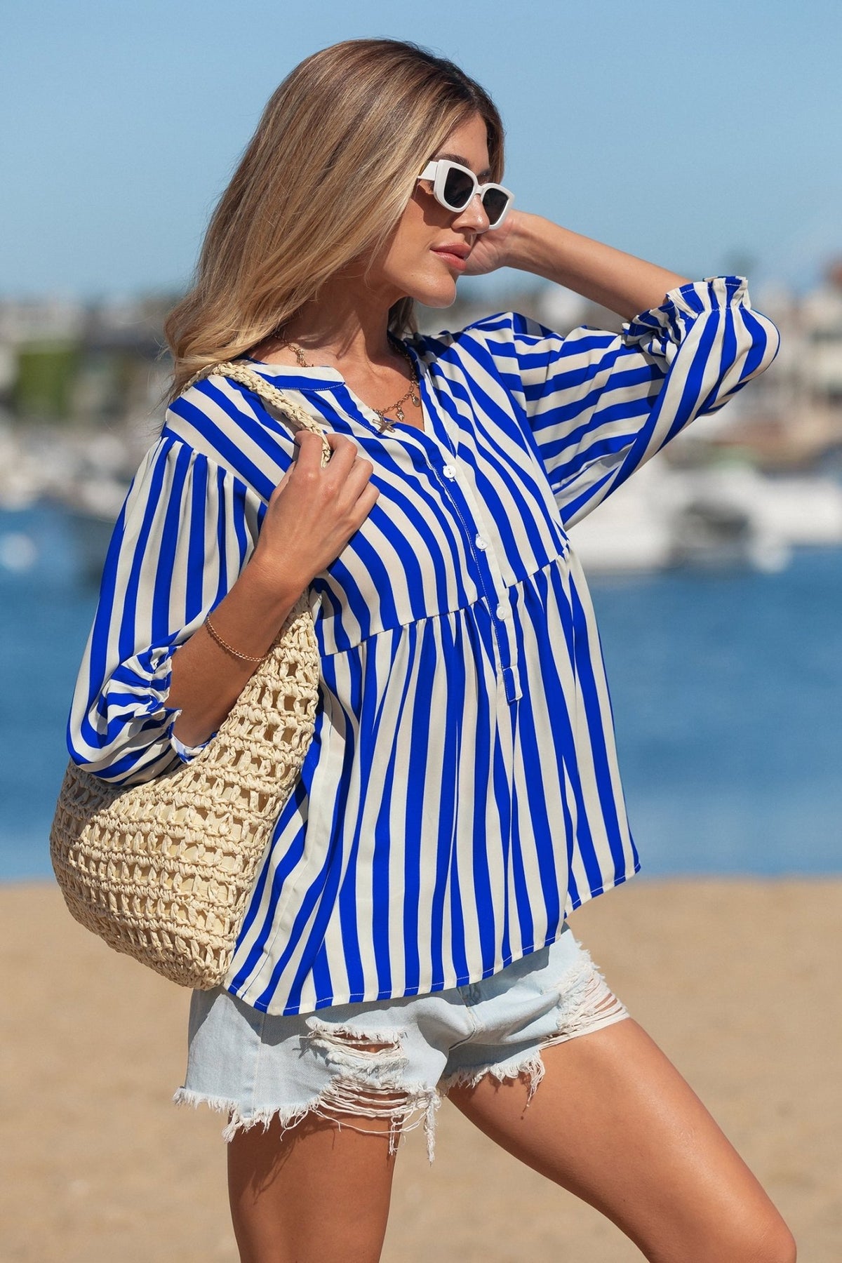 Stripe Balloon Sleeve Button-Up Shirt - Rooted & Reckless Co.