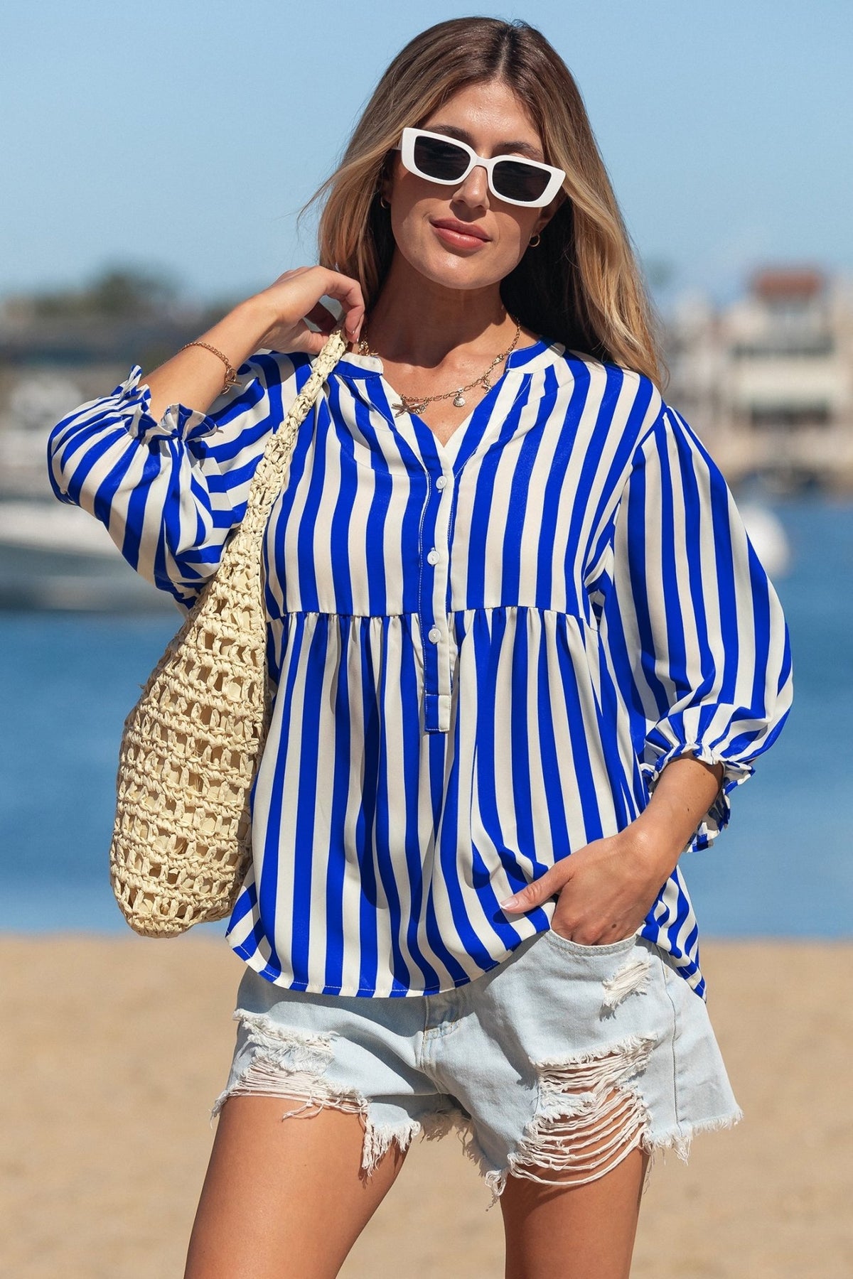 Stripe Balloon Sleeve Button-Up Shirt - Rooted & Reckless Co.