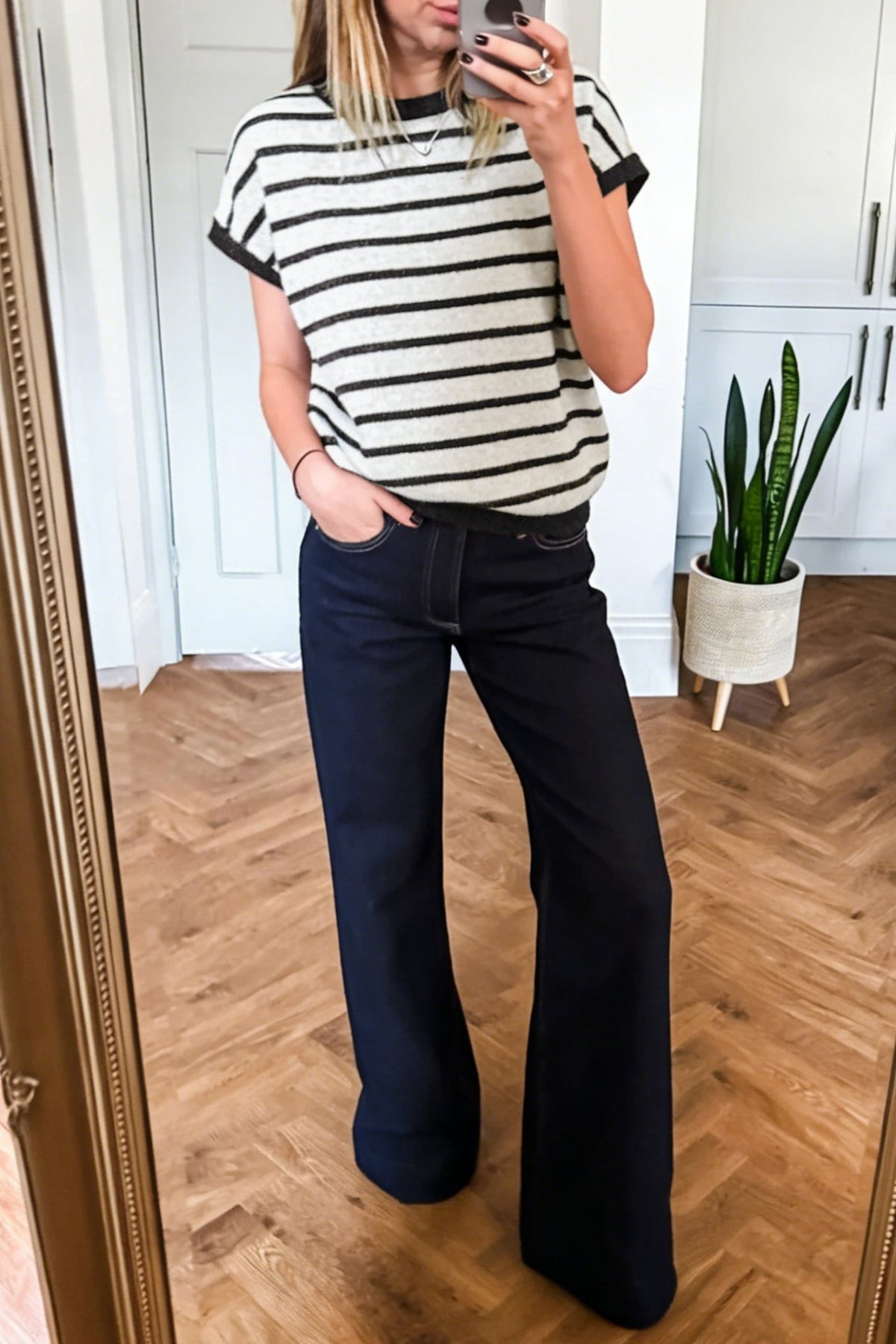 Stripe Bow Applique Short Sleeve Sweater - Rooted & Reckless Co.