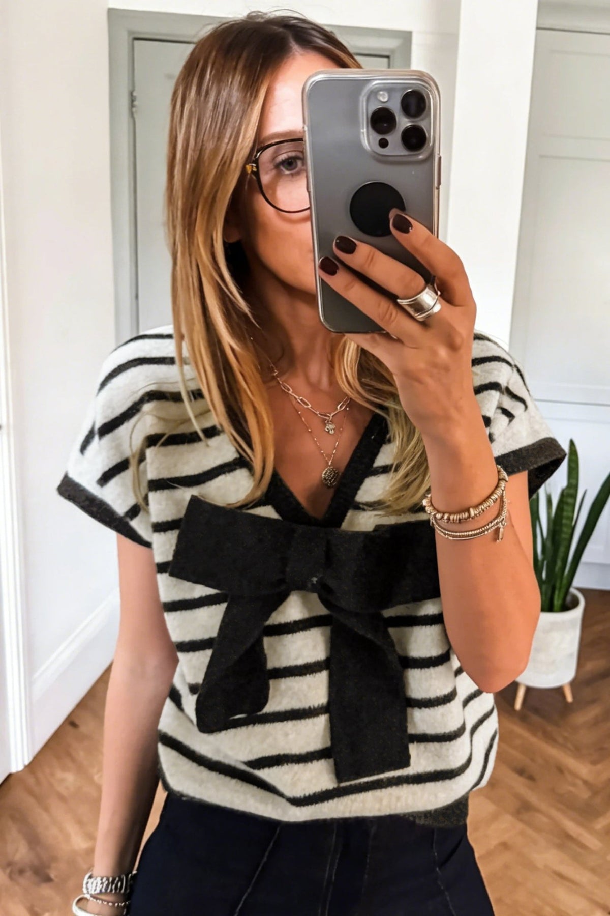 Stripe Bow Applique Short Sleeve Sweater - Rooted & Reckless Co.