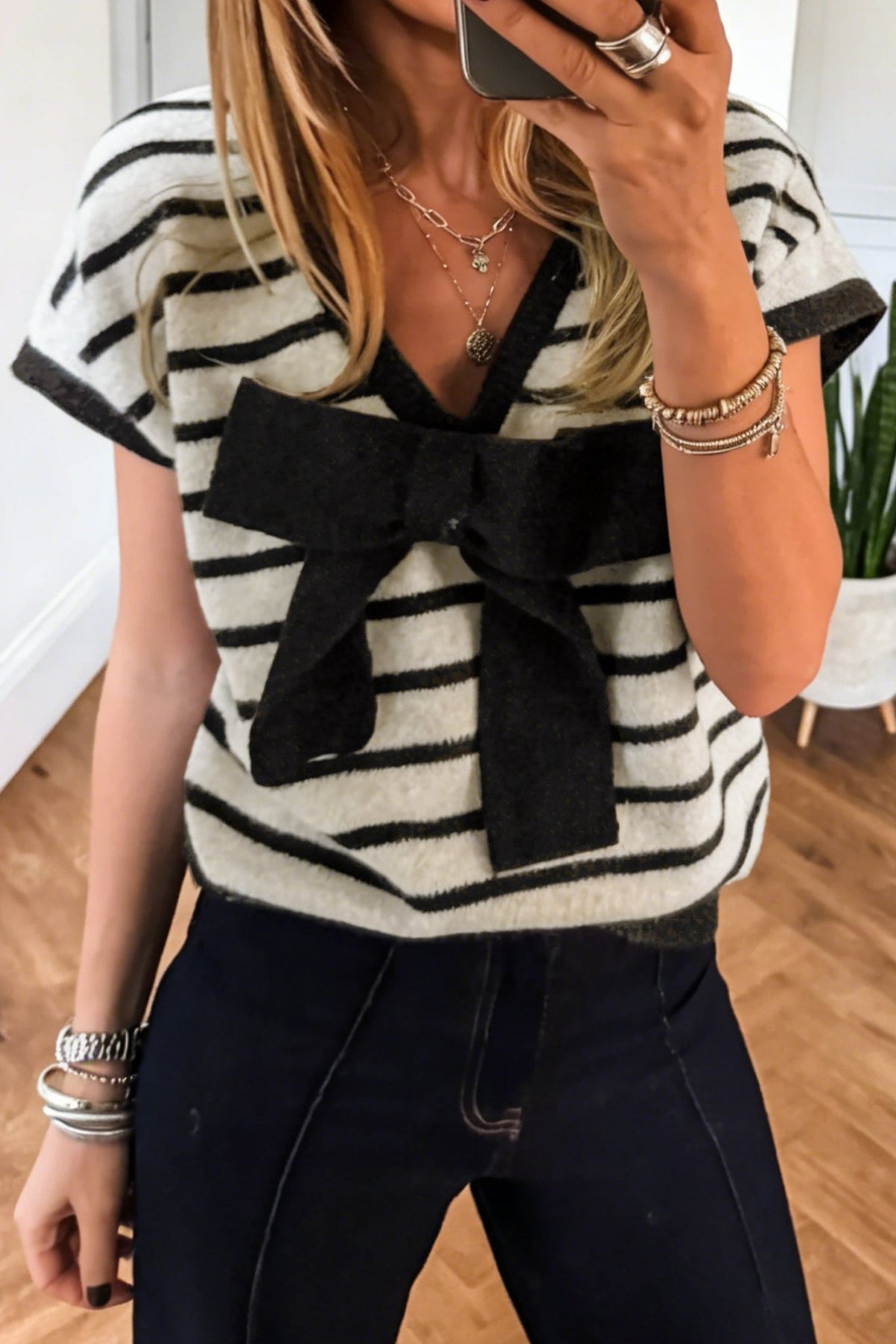 Stripe Bow Applique Short Sleeve Sweater - Rooted & Reckless Co.