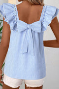 Stripe Bow Square Neck Ruffle Sleeve Blouse - Rooted & Reckless Co.