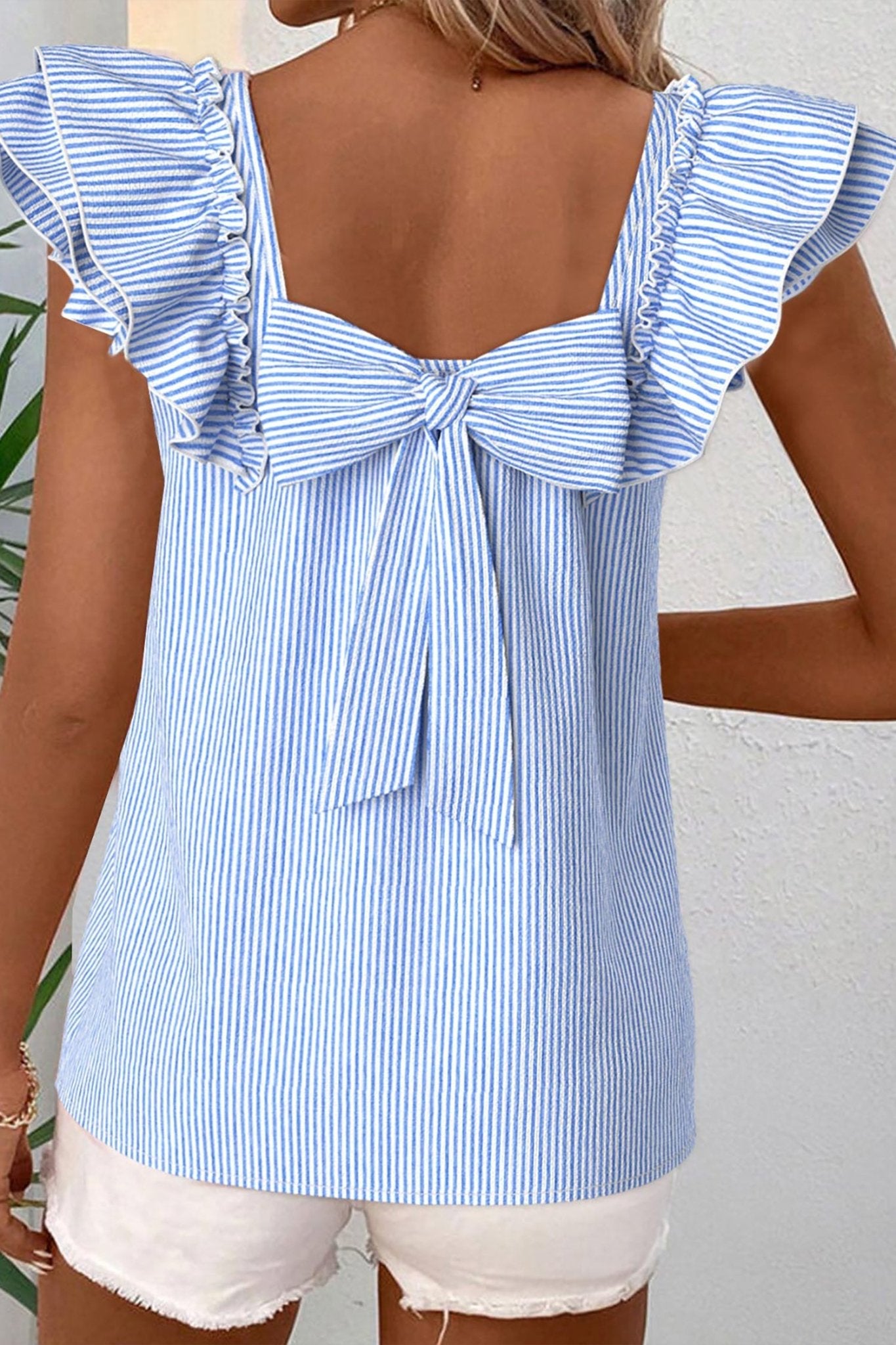 Stripe Bow Square Neck Ruffle Sleeve Blouse - Rooted & Reckless Co.