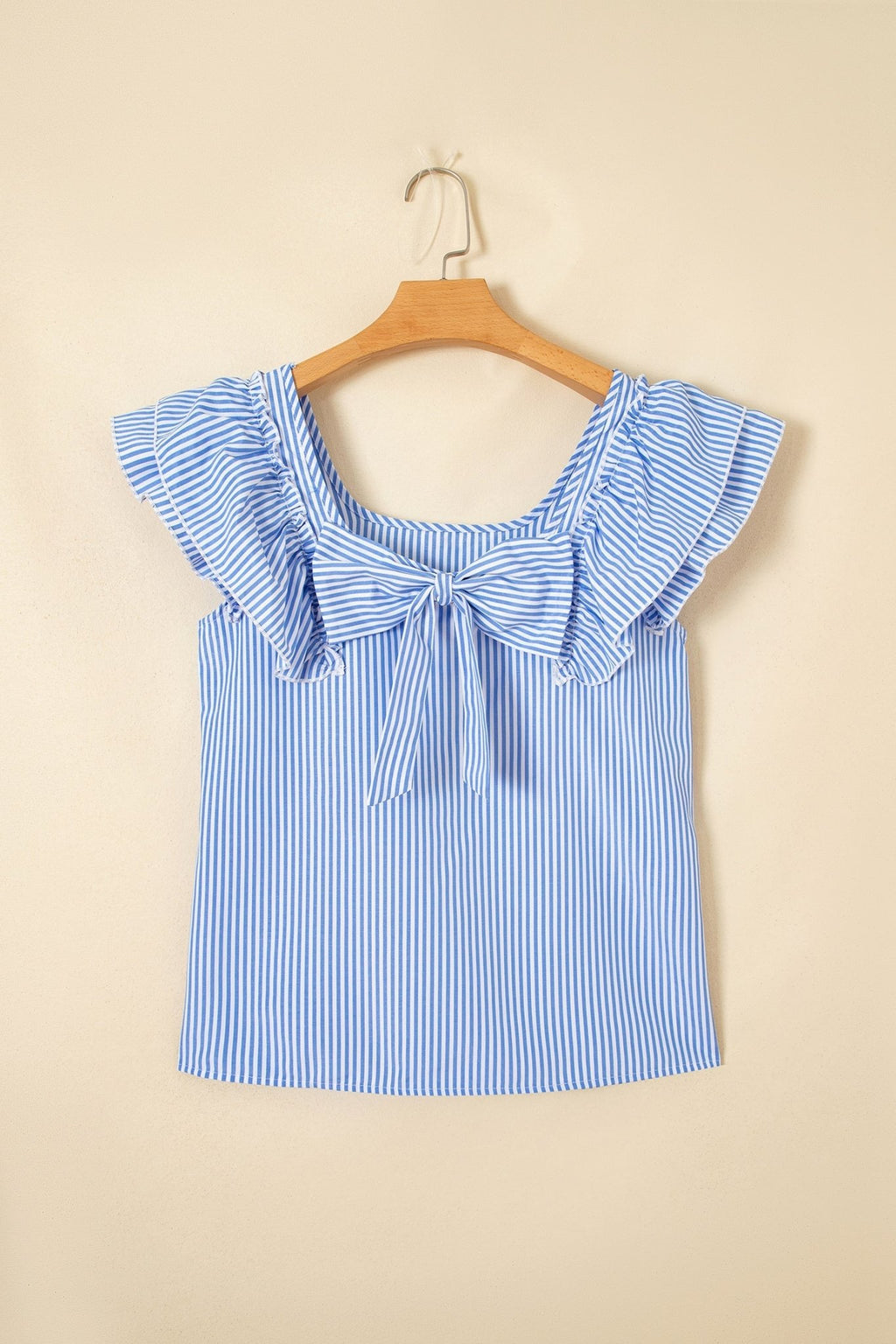 Stripe Bow Square Neck Ruffle Sleeve Blouse - Rooted & Reckless Co.