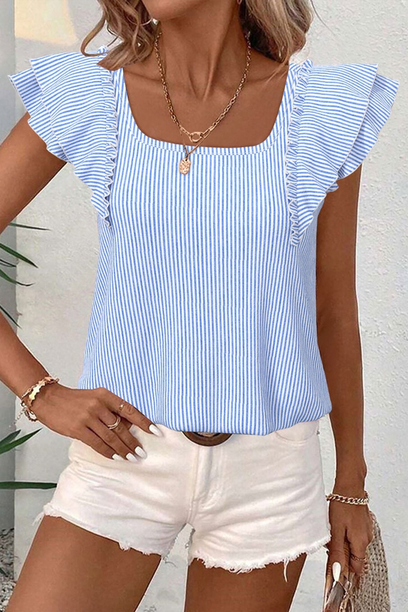 Stripe Bow Square Neck Ruffle Sleeve Blouse - Rooted & Reckless Co.