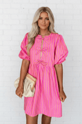 Stripe Bow Tie Front Short Puff Sleeve Dress - Rooted & Reckless Co.