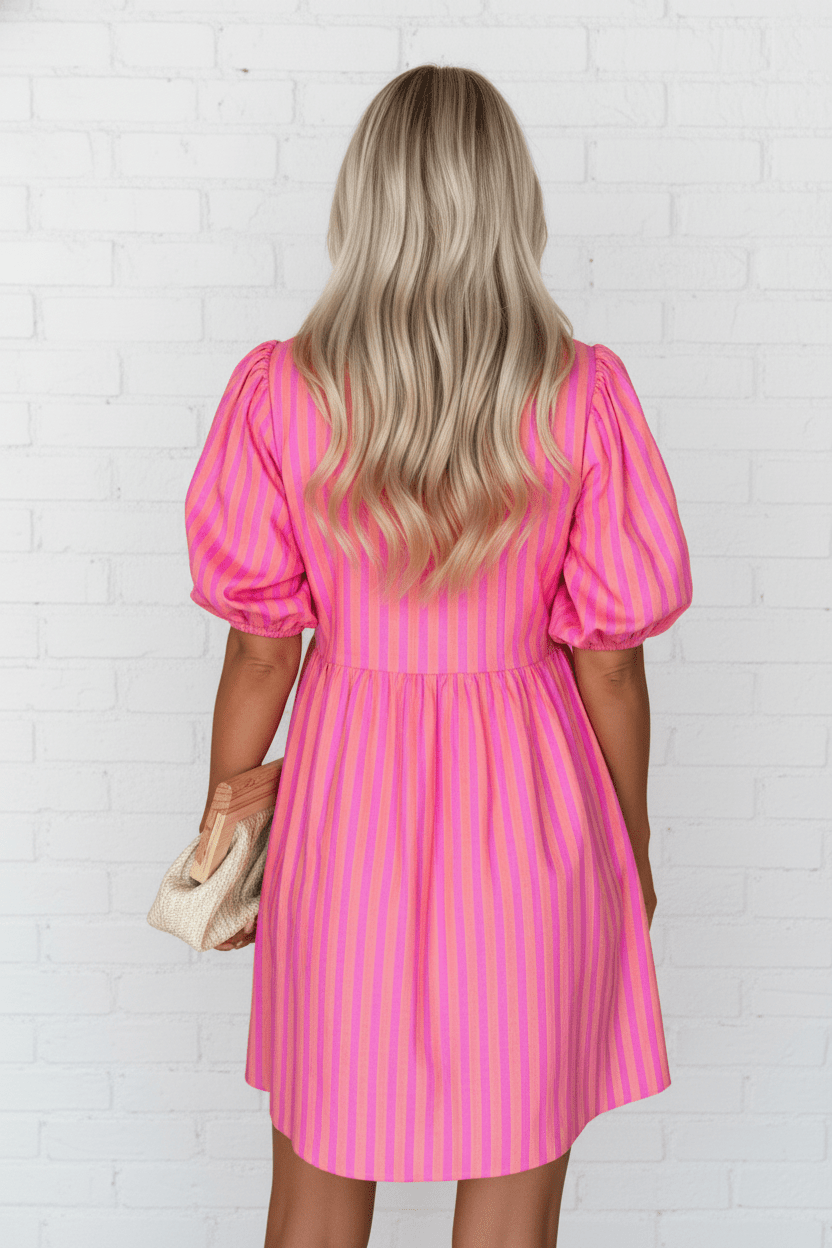 Stripe Bow Tie Front Short Puff Sleeve Dress - Rooted & Reckless Co.