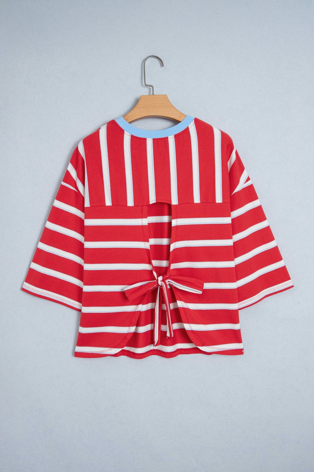 Stripe Bow Tie Hollow Back 3/4 Sleeve T-Shirt - Rooted & Reckless Co.
