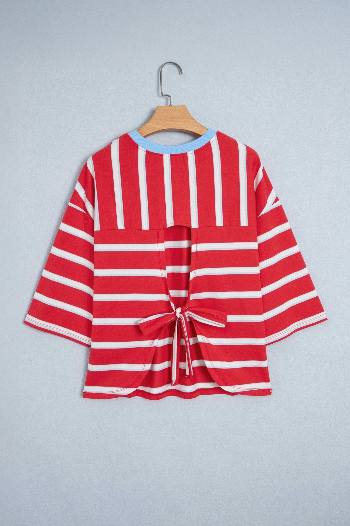 Stripe Bow Tie Hollow Back 3/4 Sleeve T-Shirt - Rooted & Reckless Co.