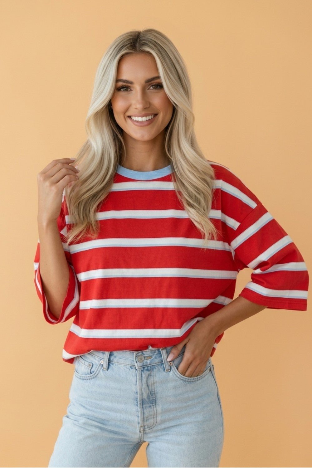 Stripe Bow Tie Hollow Back 3/4 Sleeve T-Shirt - Rooted & Reckless Co.