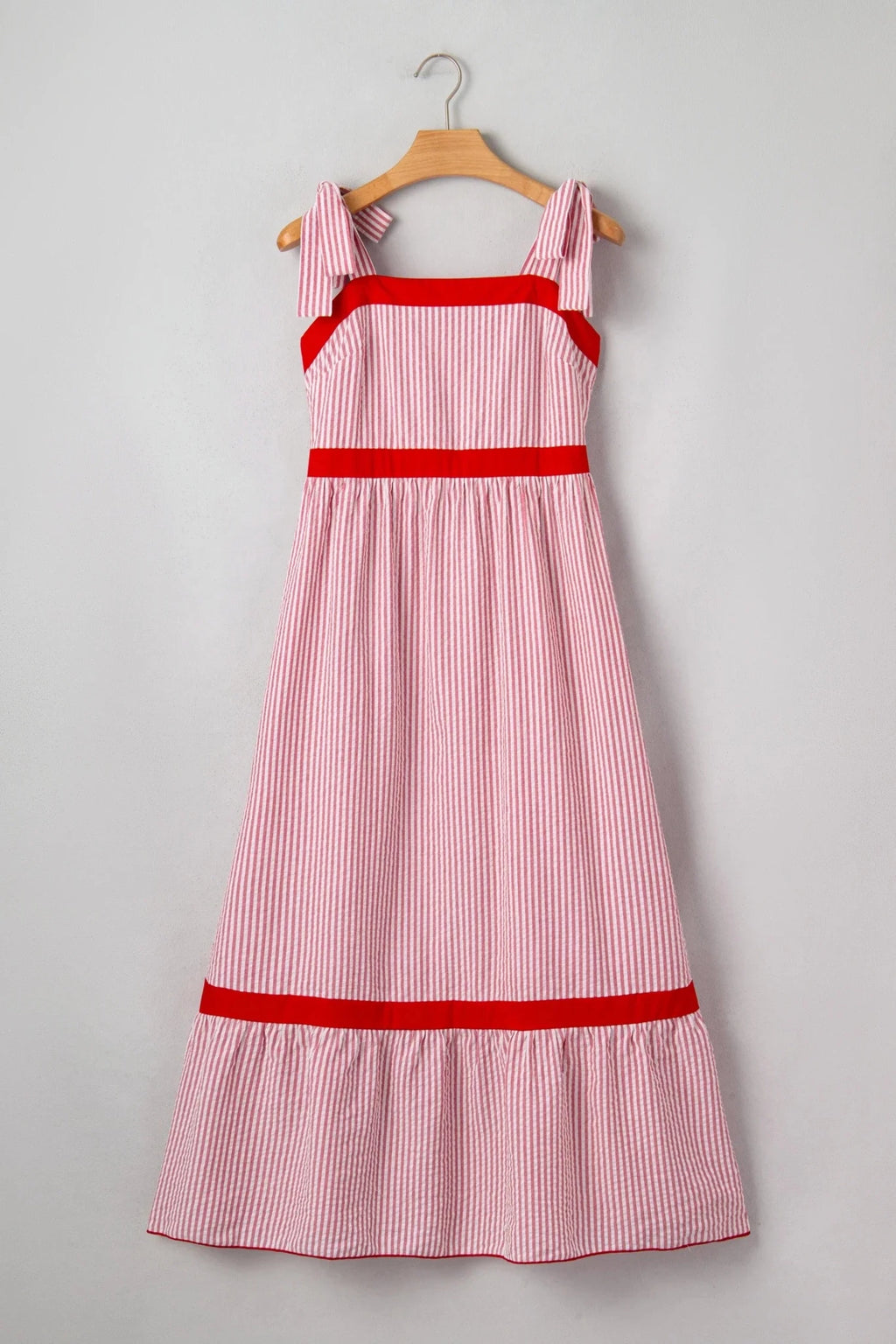 Stripe Bow Tie Straps Ruffle Hem Maxi Dress - Rooted & Reckless Co.