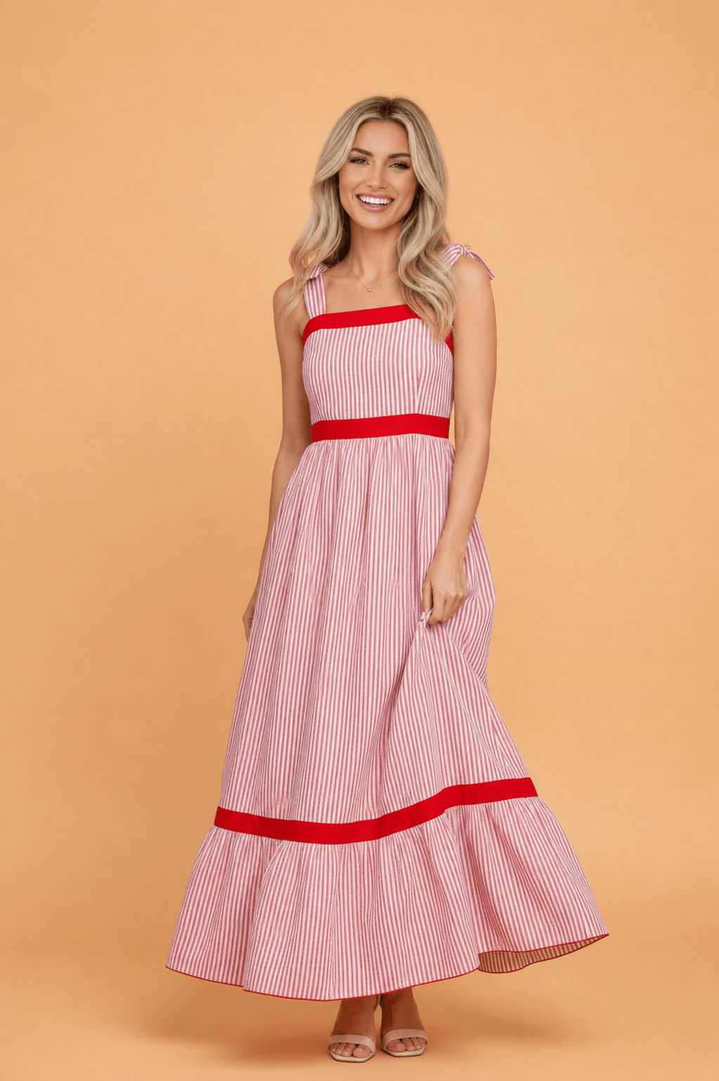Stripe Bow Tie Straps Ruffle Hem Maxi Dress - Rooted & Reckless Co.