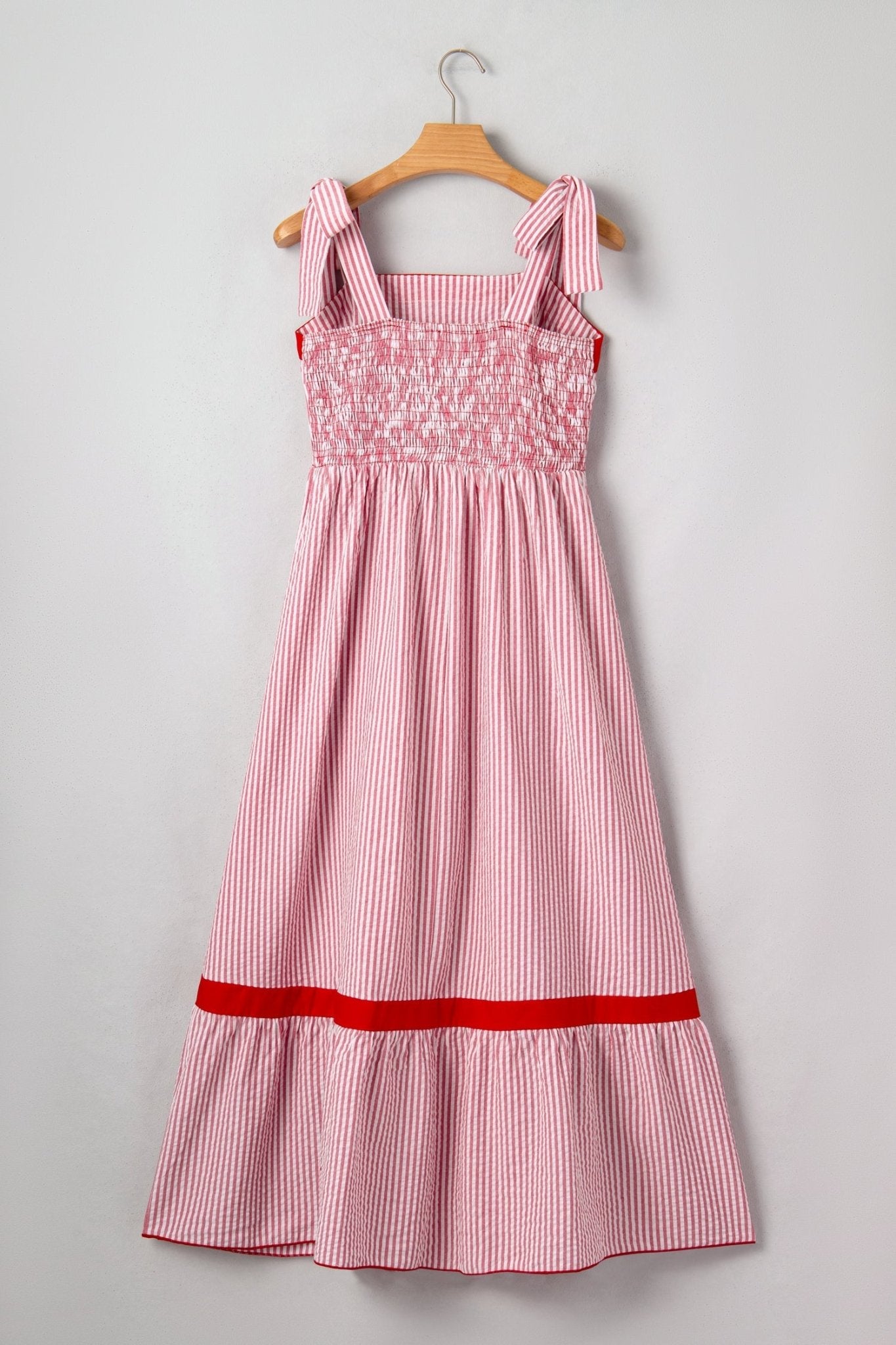 Stripe Bow Tie Straps Ruffle Hem Maxi Dress - Rooted & Reckless Co.