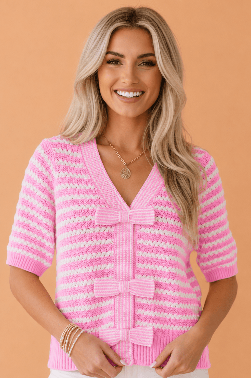 Stripe Bow Tie V-Neck Short Sleeve Sweater - Rooted & Reckless Co.