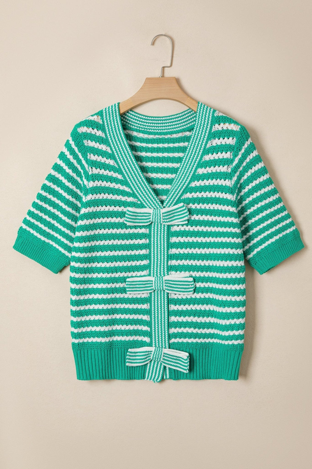 Stripe Bow Tie V-Neck Short Sleeve Sweater - Rooted & Reckless Co.