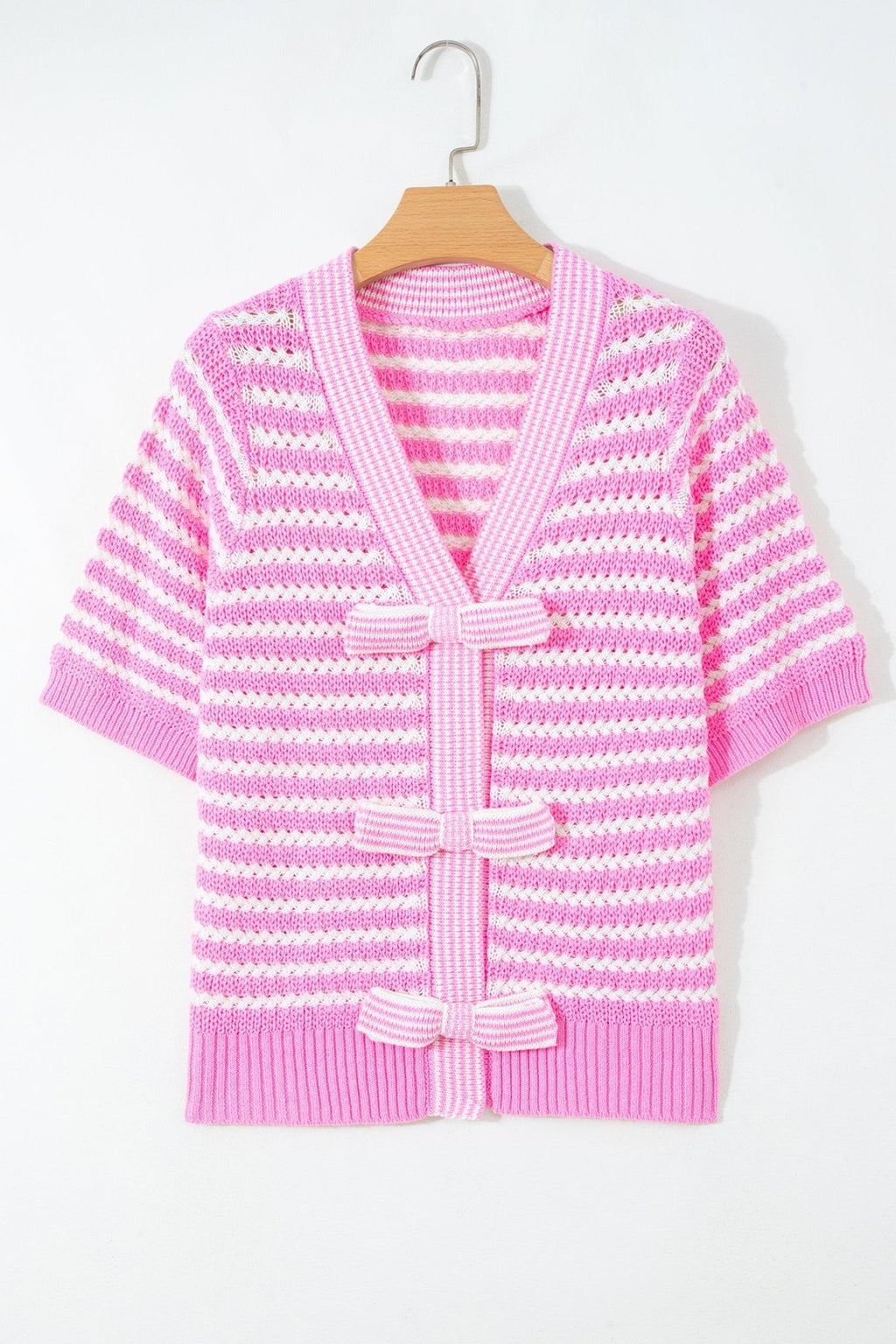 Stripe Bow Tie V-Neck Short Sleeve Sweater - Rooted & Reckless Co.