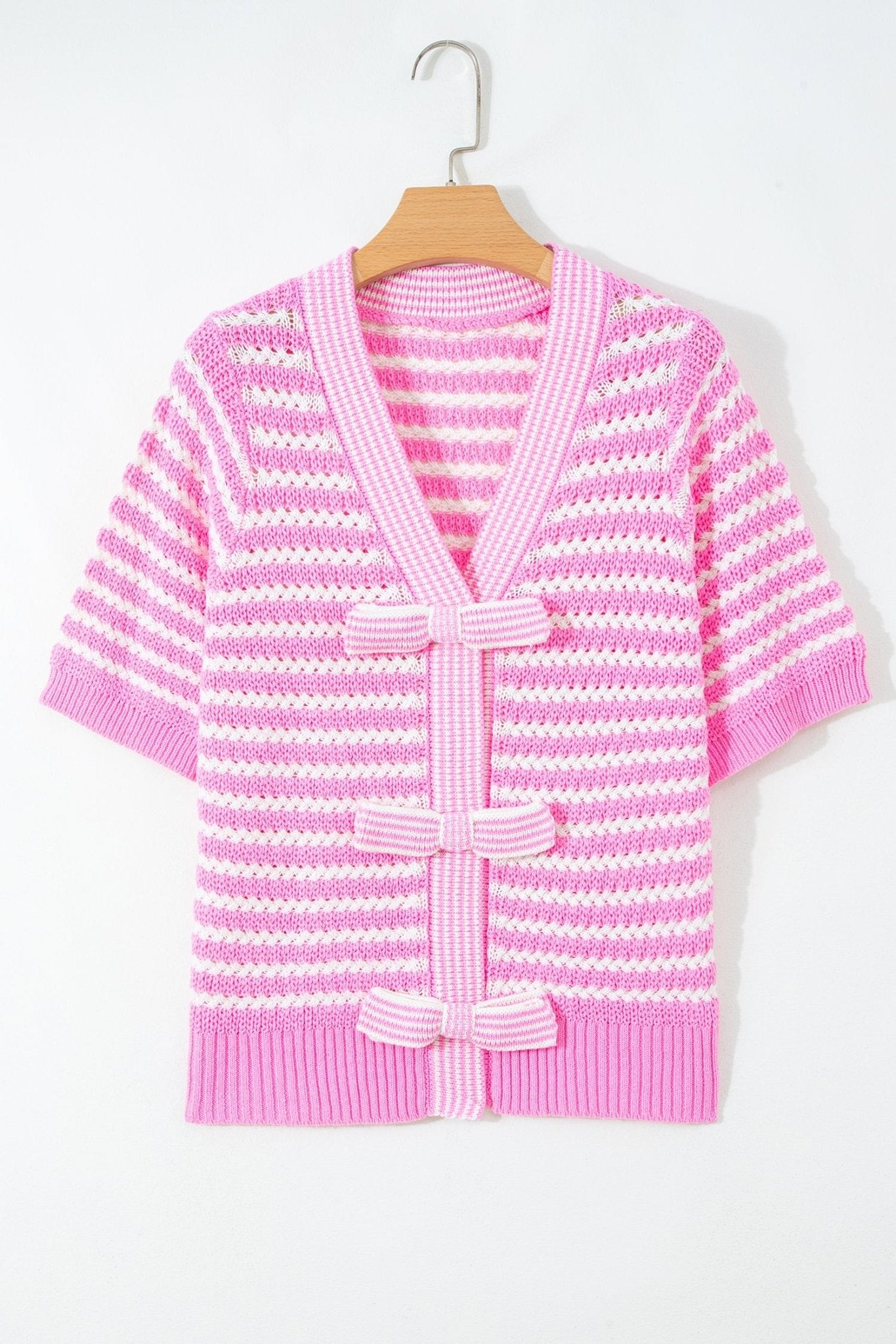 Stripe Bow Tie V-Neck Short Sleeve Sweater - Rooted & Reckless Co.