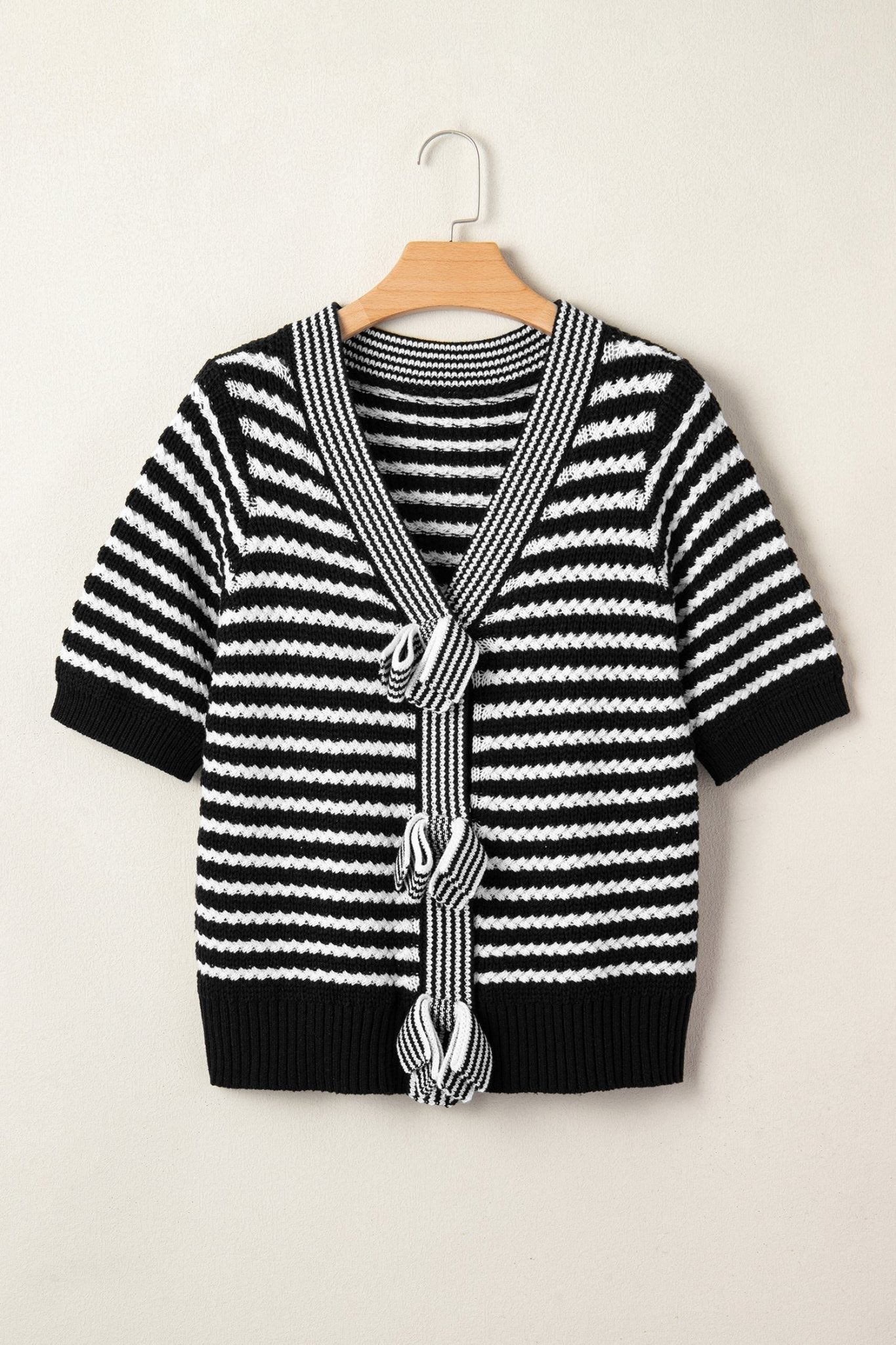 Stripe Bow Tie V-Neck Short Sleeve Sweater - Rooted & Reckless Co.