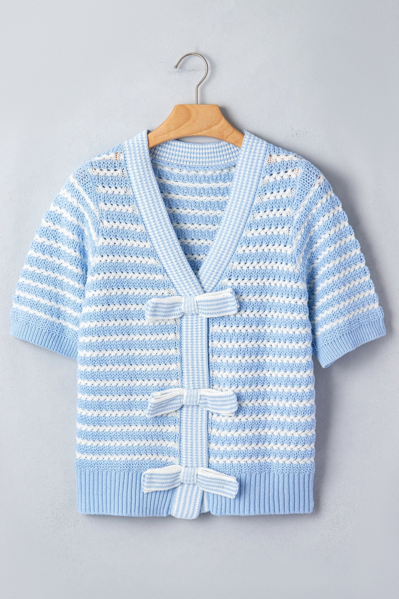 Stripe Bow Tie V-Neck Short Sleeve Sweater - Rooted & Reckless Co.