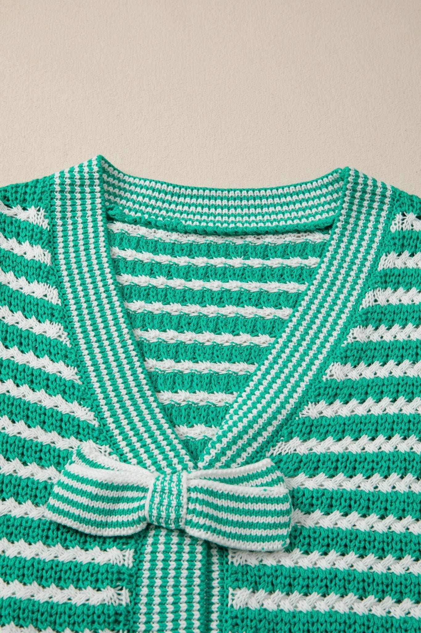 Stripe Bow Tie V-Neck Short Sleeve Sweater - Rooted & Reckless Co.