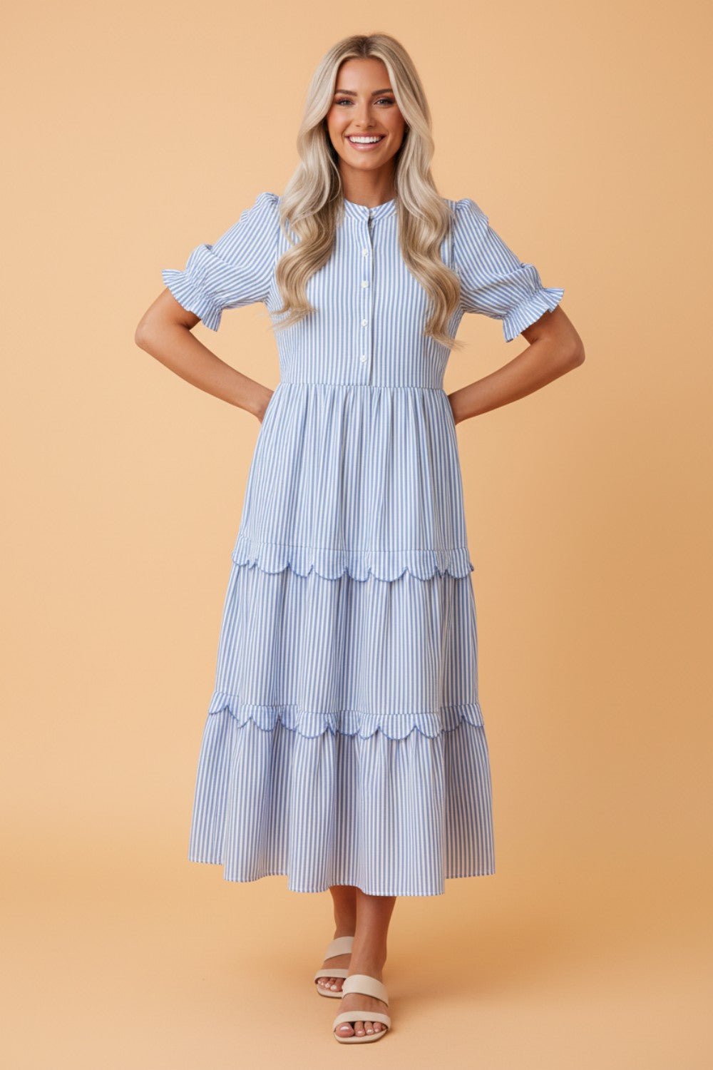 Stripe Bubble Short Sleeve Tiered Scallop Dress - Rooted & Reckless Co.