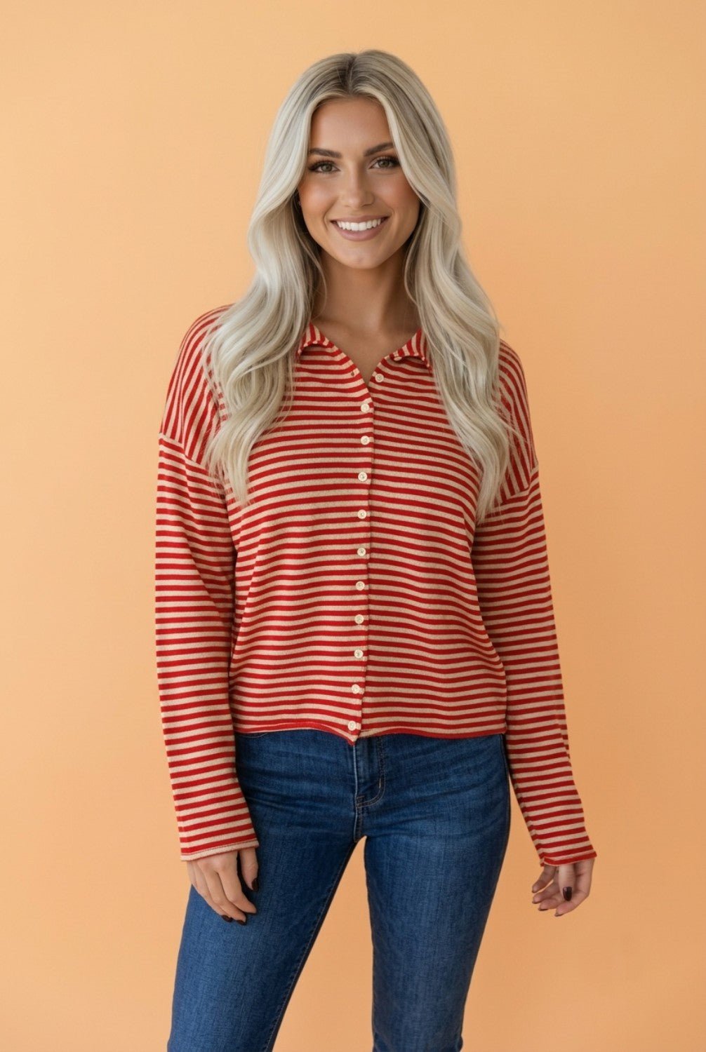 Stripe Button Collar Long Sleeve Knit Cardigan - Rooted & Reckless Co.