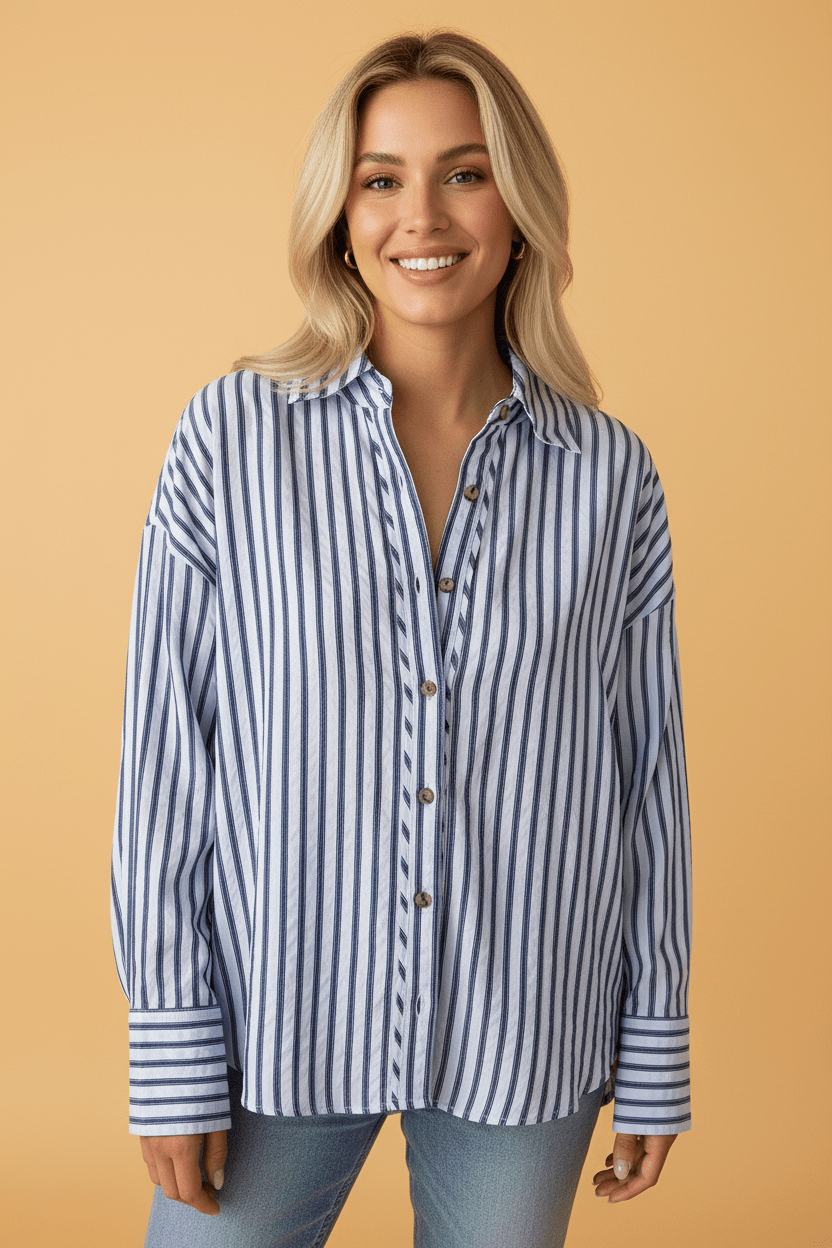 Stripe Button Down Long Sleeve Loose Shirt - Rooted & Reckless Co.