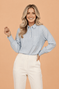 Stripe Buttoned Collar Smocked Long Sleeve Blouse - Rooted & Reckless Co.
