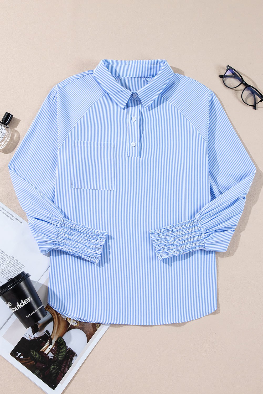 Stripe Buttoned Collar Smocked Long Sleeve Blouse - Rooted & Reckless Co.