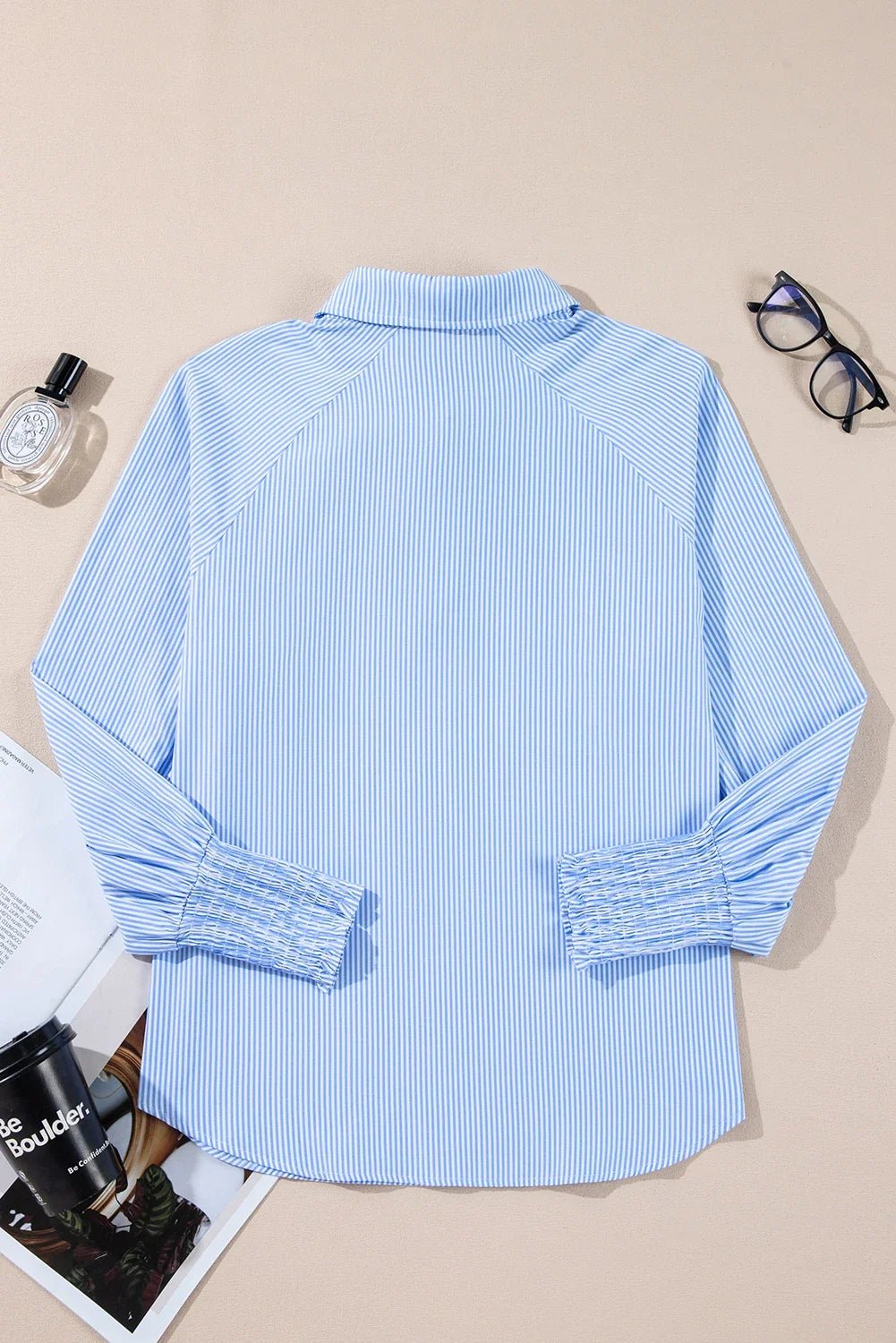 Stripe Buttoned Collar Smocked Long Sleeve Blouse - Rooted & Reckless Co.
