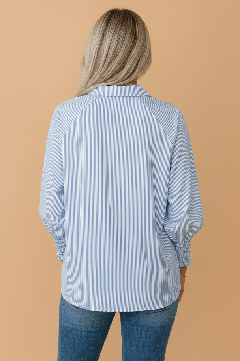 Stripe Buttoned Collar Smocked Long Sleeve Blouse - Rooted & Reckless Co.