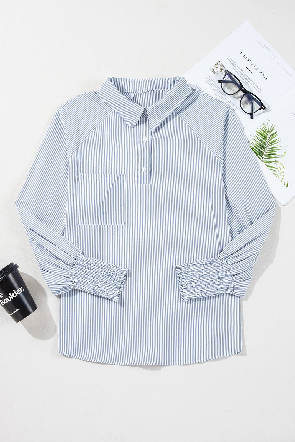 Stripe Buttoned Collar Smocked Long Sleeve Blouse - Rooted & Reckless Co.