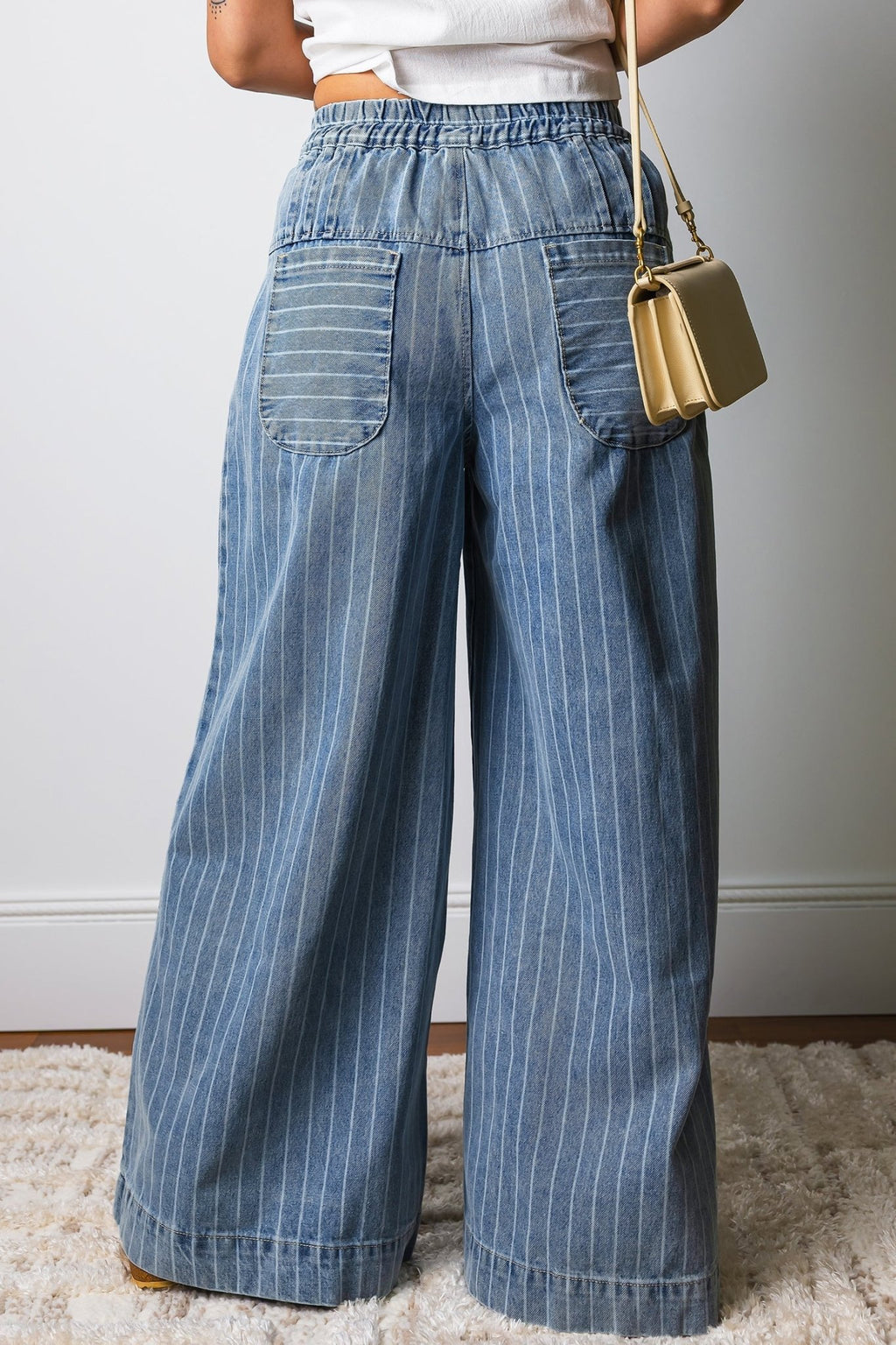 Stripe Buttoned High Waist Pleated Wide Leg Jeans - Rooted & Reckless Co.
